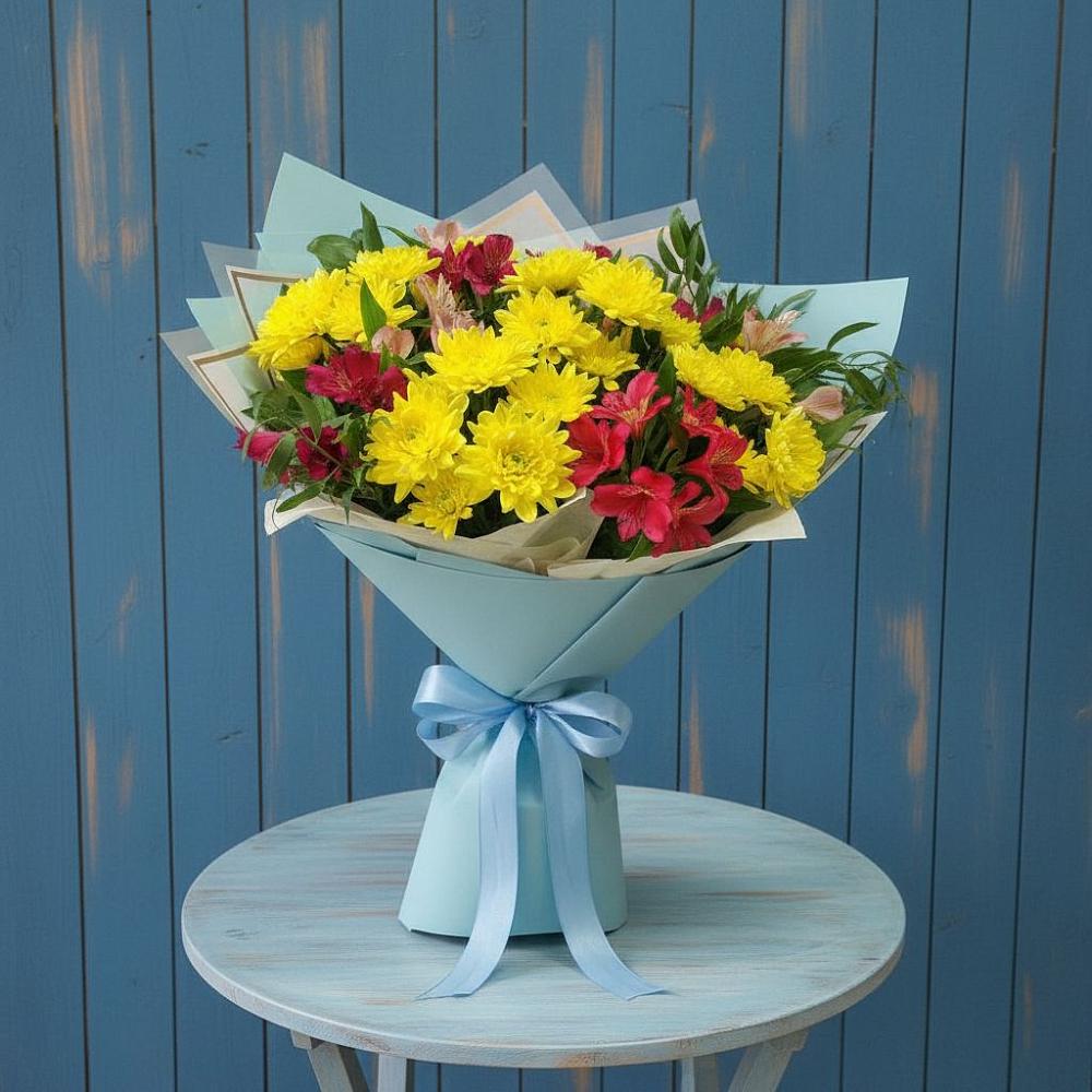 Букет цветов из: Альстромерии и Хризантемы в Белая глина