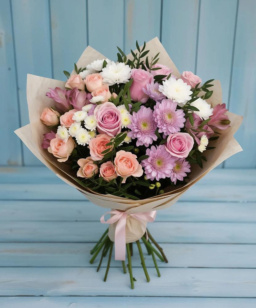 Букет цветов из: Хризантемы, Розы и Альстромерии в Белая глина
