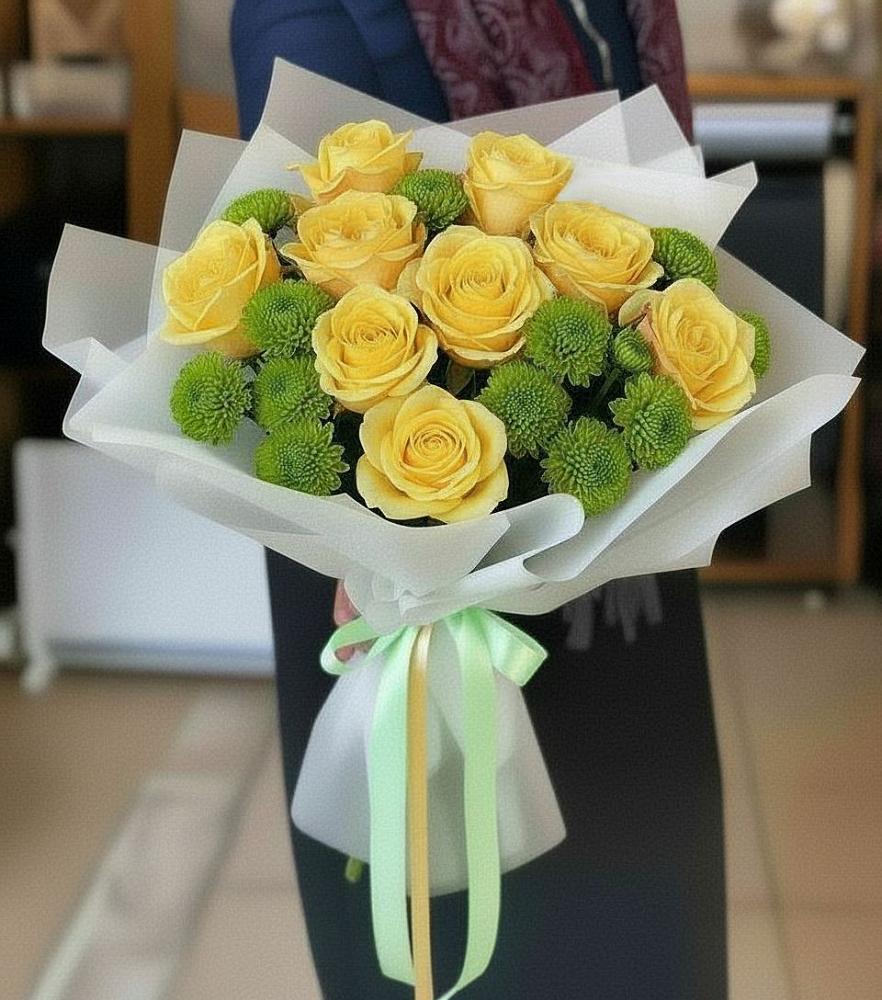 Букет цветов из: Хризантемы и Розы в Белая глина