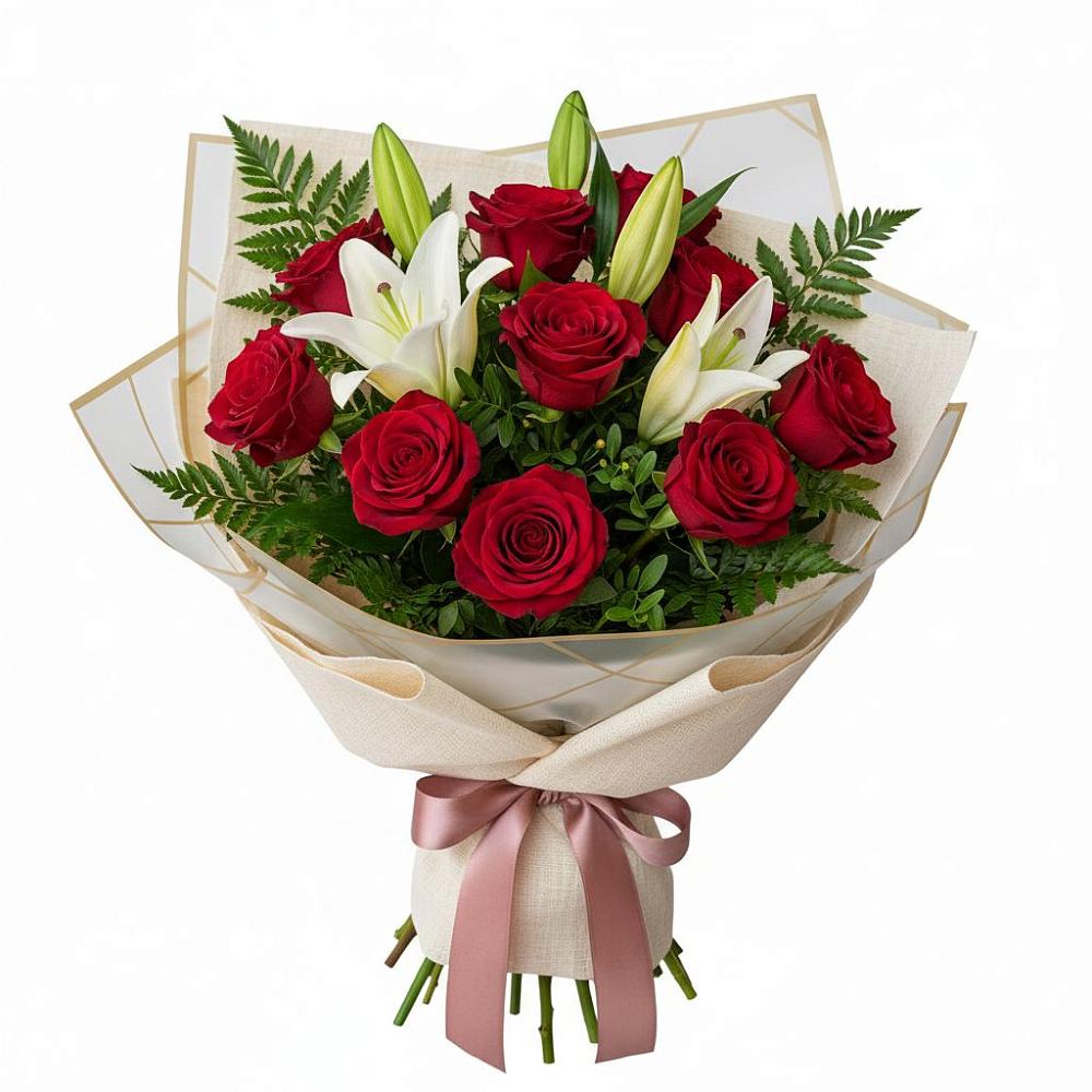 Букет цветов из: Лилии и Розы в Белая глина