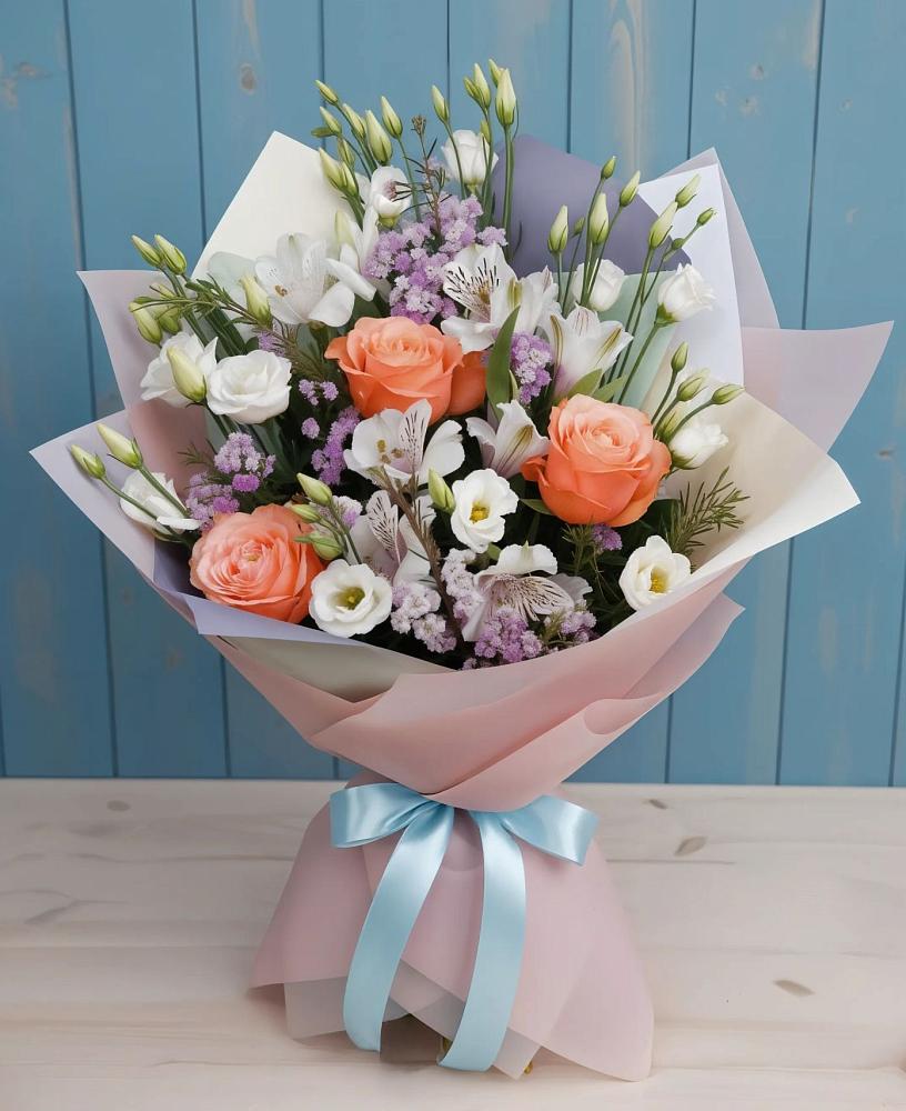 Букет цветов из: Лизиантусы, Розы, Альстромерии и Гипсофила в Белая глина