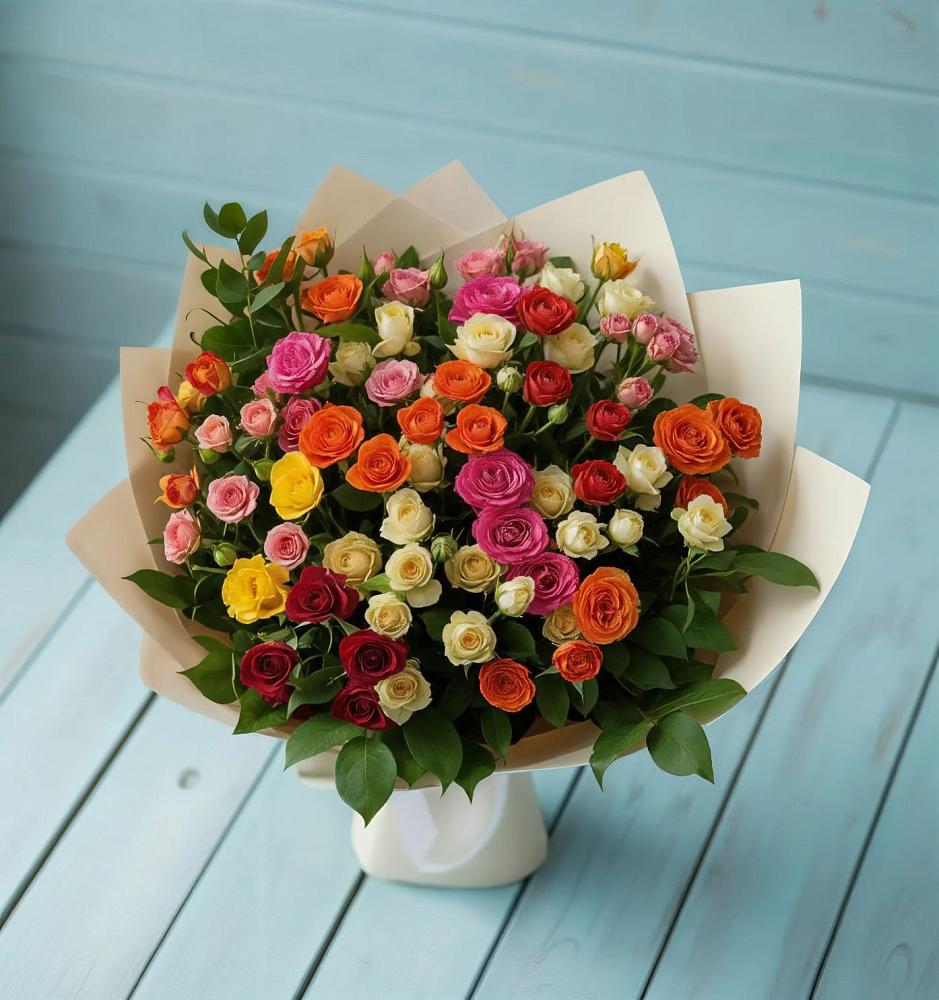 Букет Микс из разноцветных кустовых роз в Белая глина