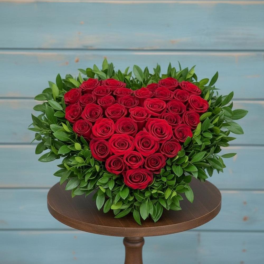 Цветочная композиция из Розы в виде сердца в Белая глина