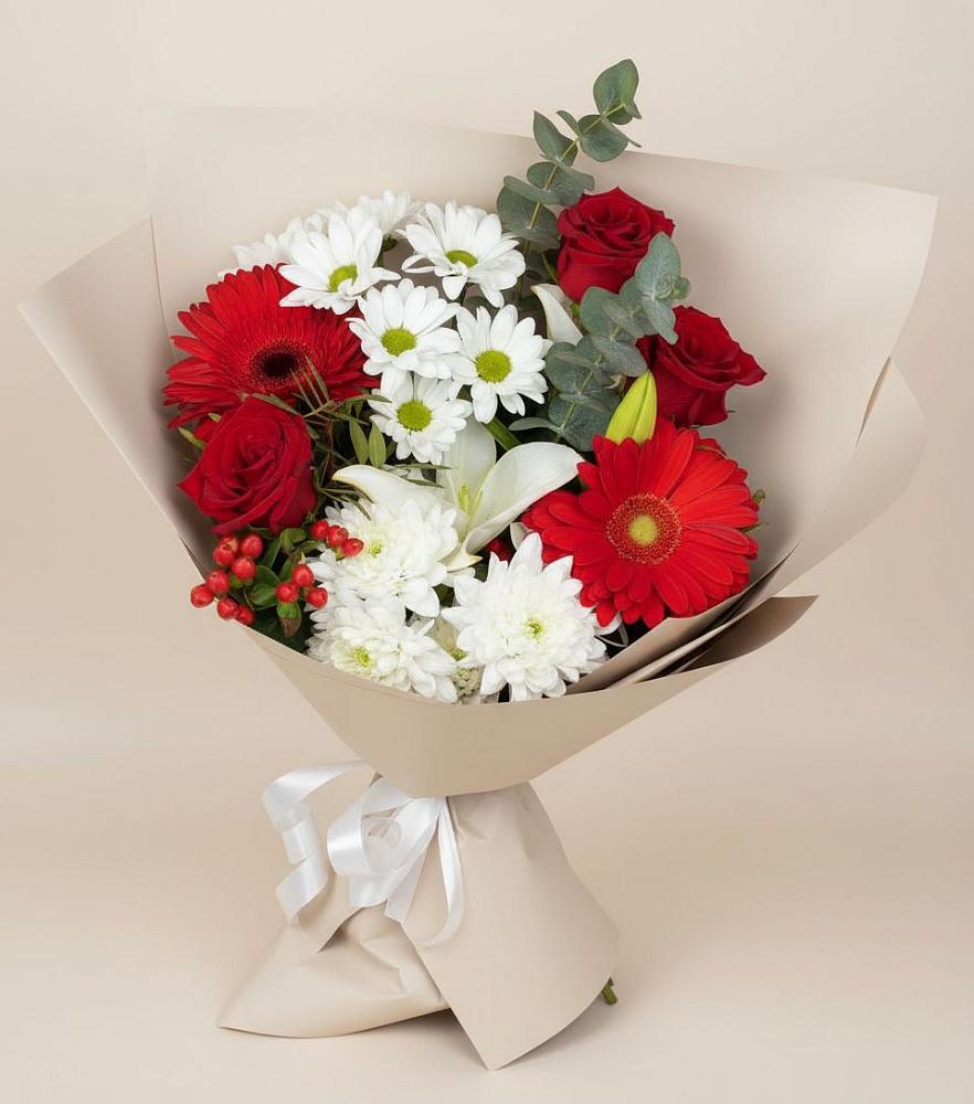 Букет цветов из: Розы, Хризантемы, Герберы и Лилии в Белая глина