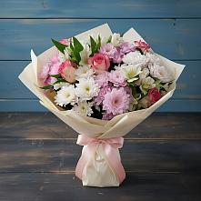 Букет цветов из:  Хризантемы, Альстромерии и Розы в Белая глина