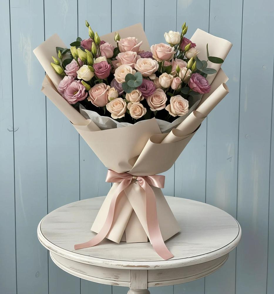 Букет цветов из: Розы и Лизиантусы в Белая глина