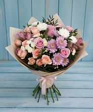 Букет цветов из:  Хризантемы, Розы и Альстромерии в Белая глина