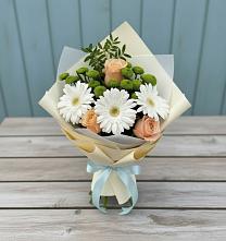 Букет цветов из:  Герберы, Розы и Хризантемы в Белая глина
