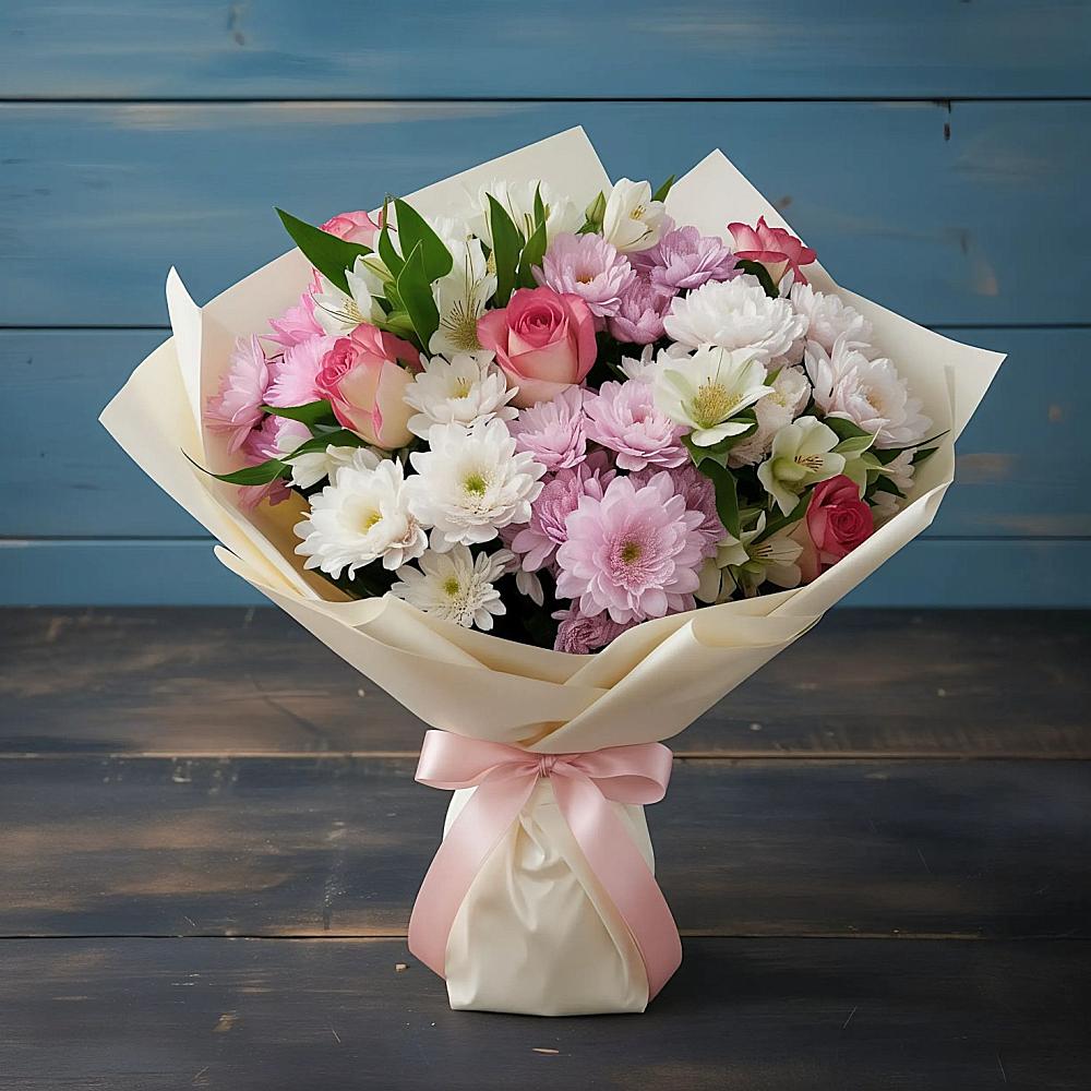 Букет цветов из: Хризантемы, Альстромерии и Розы в Белая глина